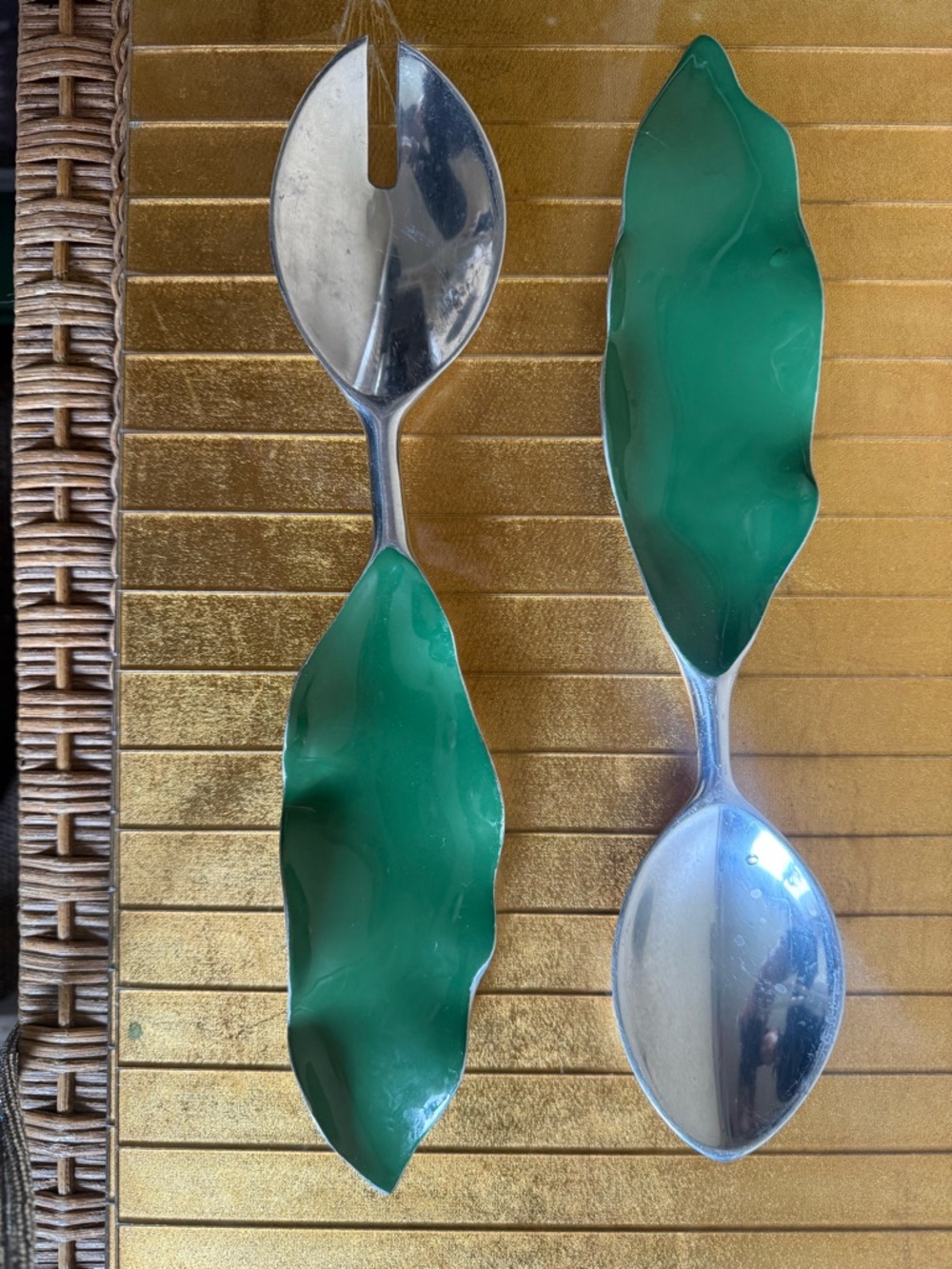 Nima Oberoi Lunardis Verdura green enamel, chrome leaf salad, serving set